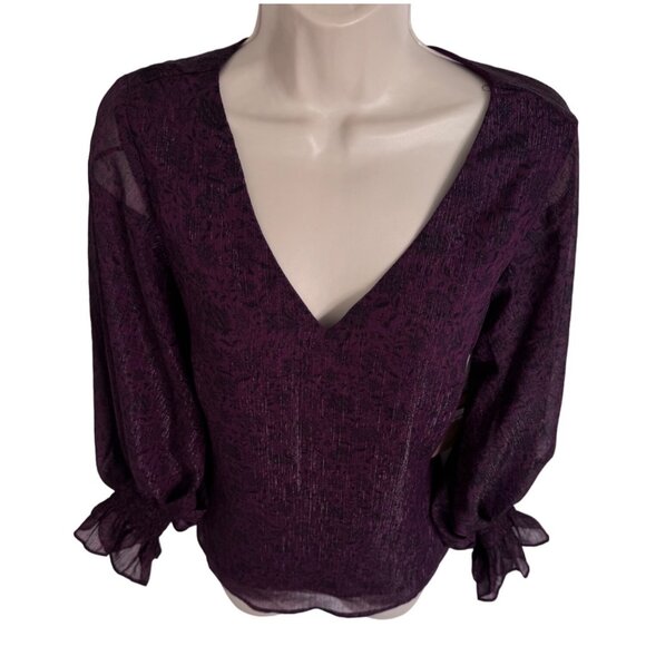 Halogen Metallic Balloon Sleeve Blouse Size XS V Neck Sheer Sleeve NWT Purple - Picture 14 of 14